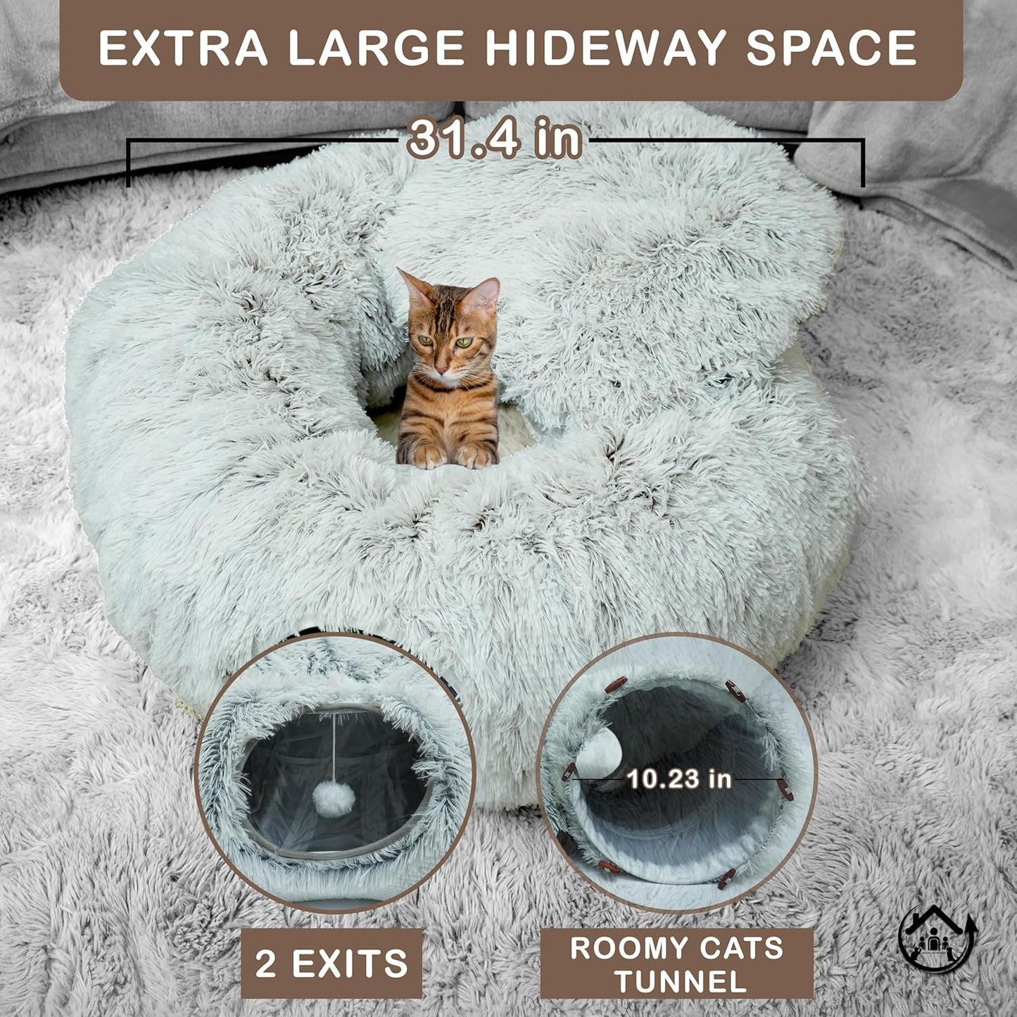 Large Cat Tunnel Bed for Indoor Cats Warm Fluffy Plush Cat Cave Tunnel Bed Collapsible, Washable, 3 Way and Multifunctional with Dangling Balls for Cats, Kittens and Rabbits- Brown