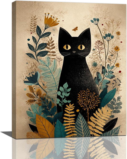Boho Black Cat Wall Art Kitten Botanical Wall Decor Mid Century Modern Canvas Painting Print Minimalist Pictures Artwork Framed Decorations Gifts for Cat Lover Bathroom Nursery Living Room Bedroom Kitchen 16"x20"