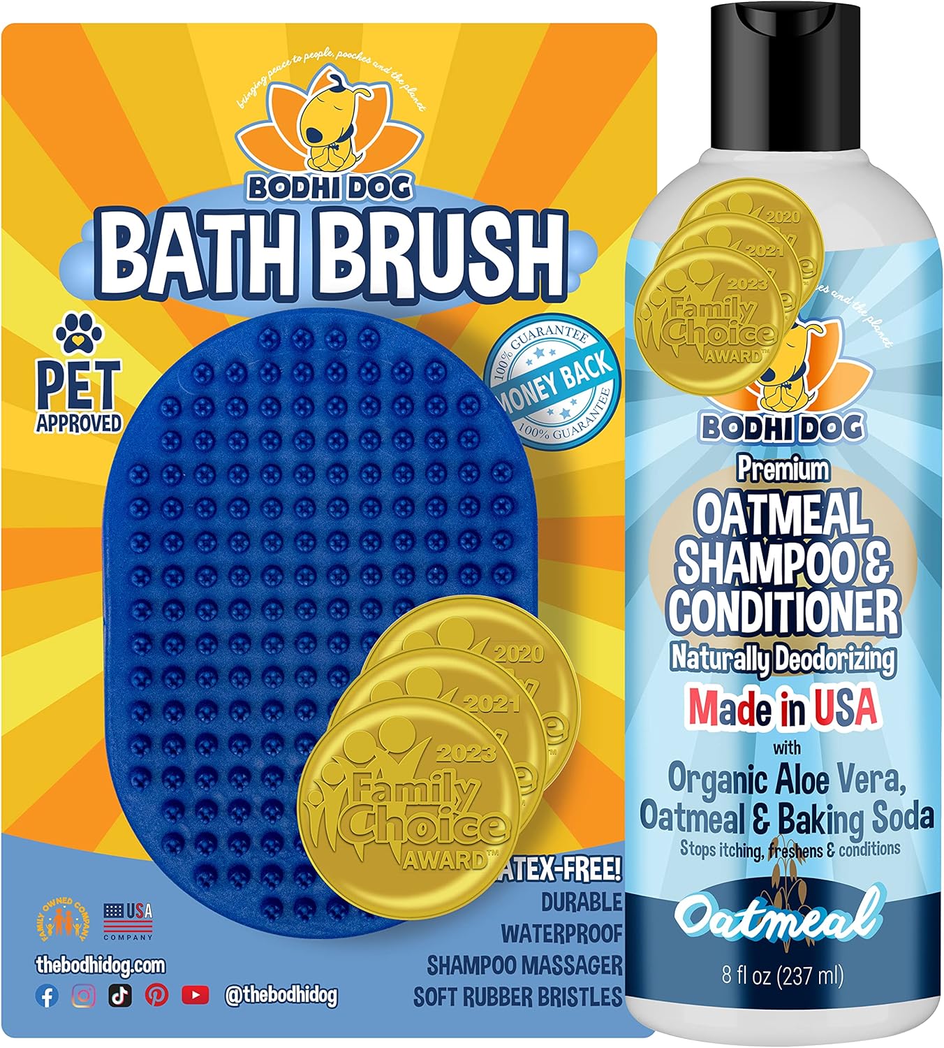 Bodhi Dog Shampoo Brush & Oatmeal Shampoo and Conditioner Bundle - Grooming Essentials for Pets, Short Hair Scrubber, Soothes and Moisturizes Dry, Itchy Skin - Hydrates & Nourishes