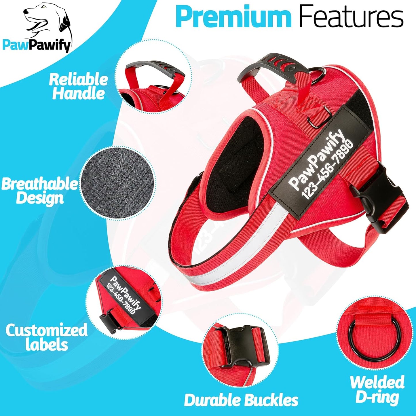 PawPawify Custom No Pull Dog Harness with Name and Phone Number, Heavy Duty Personalized Pet Vest to Prevent Tugging, Pulling, or Choking, Training and Walking (New Red, S (10-19LBS))