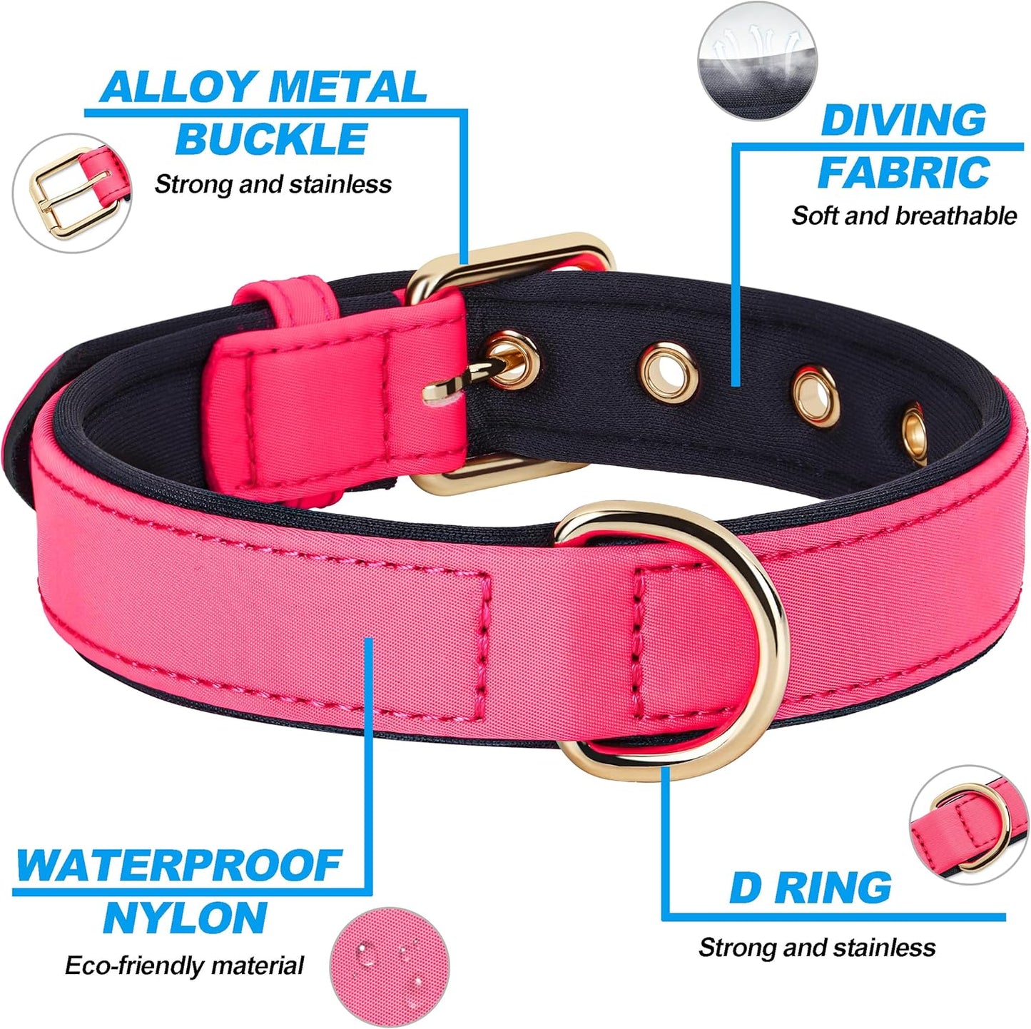 Didog Soft Padded Dog Collars for Small Dogs, Lightweight and Breathable Pink Dog Collar with Metal Buckle, Pink, M