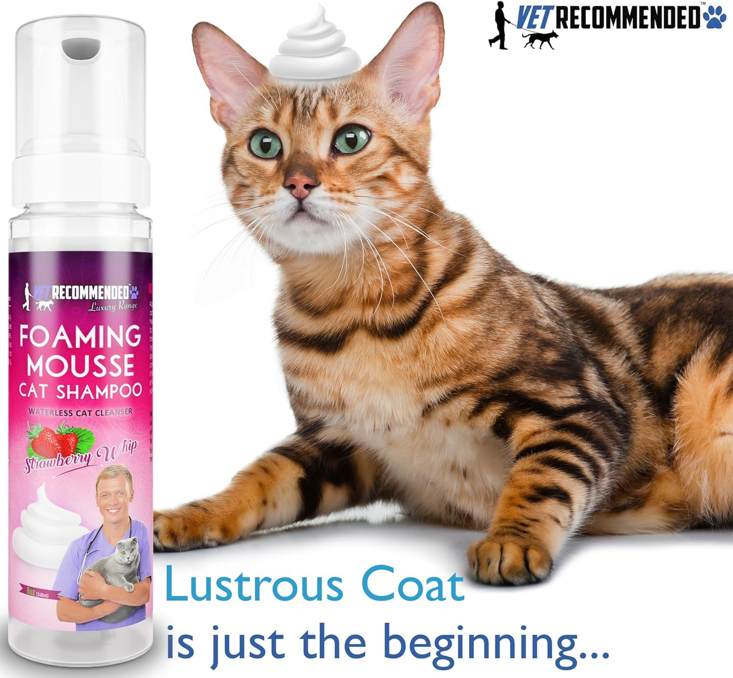 Waterless Cat Shampoo Foaming Mouse - Strawberry Patch Scent (8 Oz/240 ml). for Sensitive Skin, Detergent and Alcohol Free. Helps in Cleaning, Conditioning & Moisturizing. Made in USA