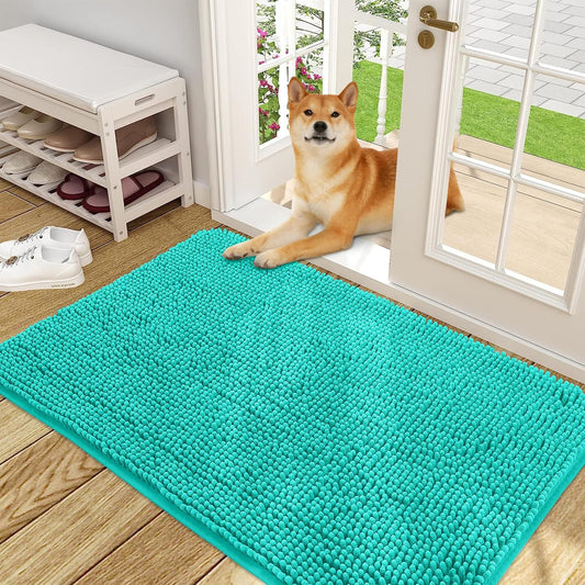 OLANLY Dog Door Mat for Muddy Paws 48x30, Absorbs Moisture and Dirt, Absorbent Non-Slip Washable Doormat, Quick Dry Chenille Mud Mat for Dogs, Entry Indoor Entryway Carpet for Inside Floor, Teal