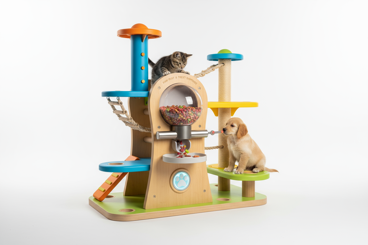 interactive play tower to the treat-dispensing toy,